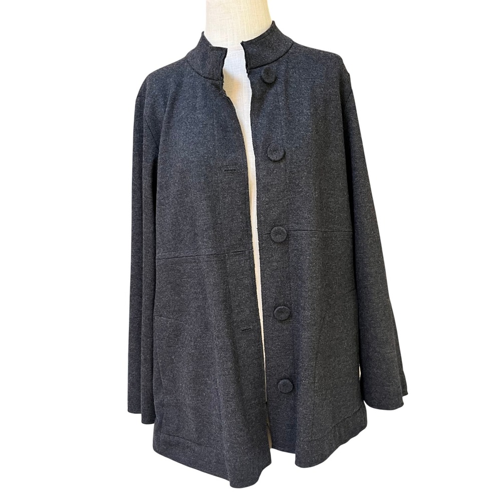 Eileen Fisher Womens Charcoal Gray Mock Neck Button Front Jacket Size M - Picture 2 of 14